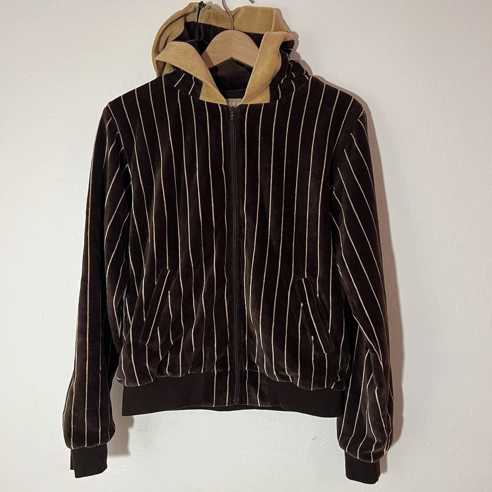Stussy Velour Waffle Lined Zip Up Jacket Coat Stripe Y2K Zippered Hood Sz Large - Picture 2 of 16